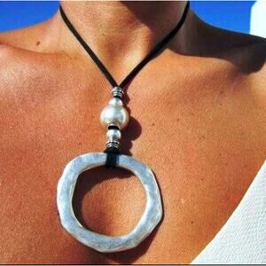 Chunky Hammered Silver Ring Pendant Necklace Long Cord Boho Statement